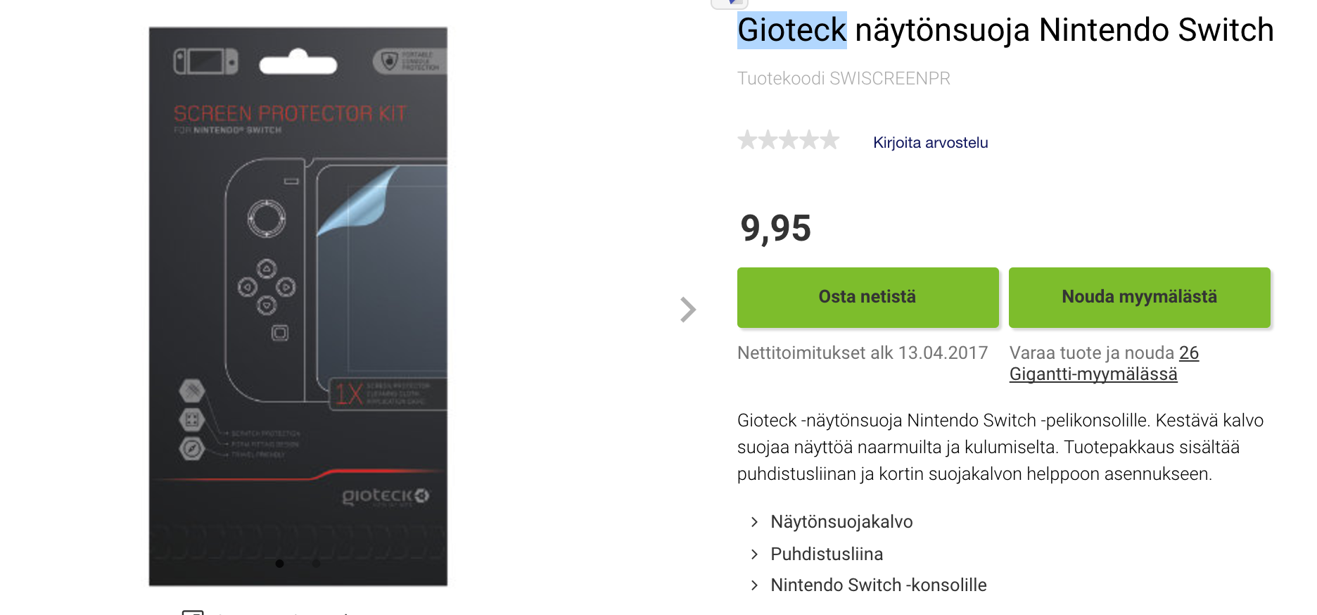 Gioteck näytönsuoja Nintendo Switch